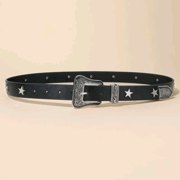 Western boho silver buckle black faux leather star studs waist belt - Picture 10 of 14